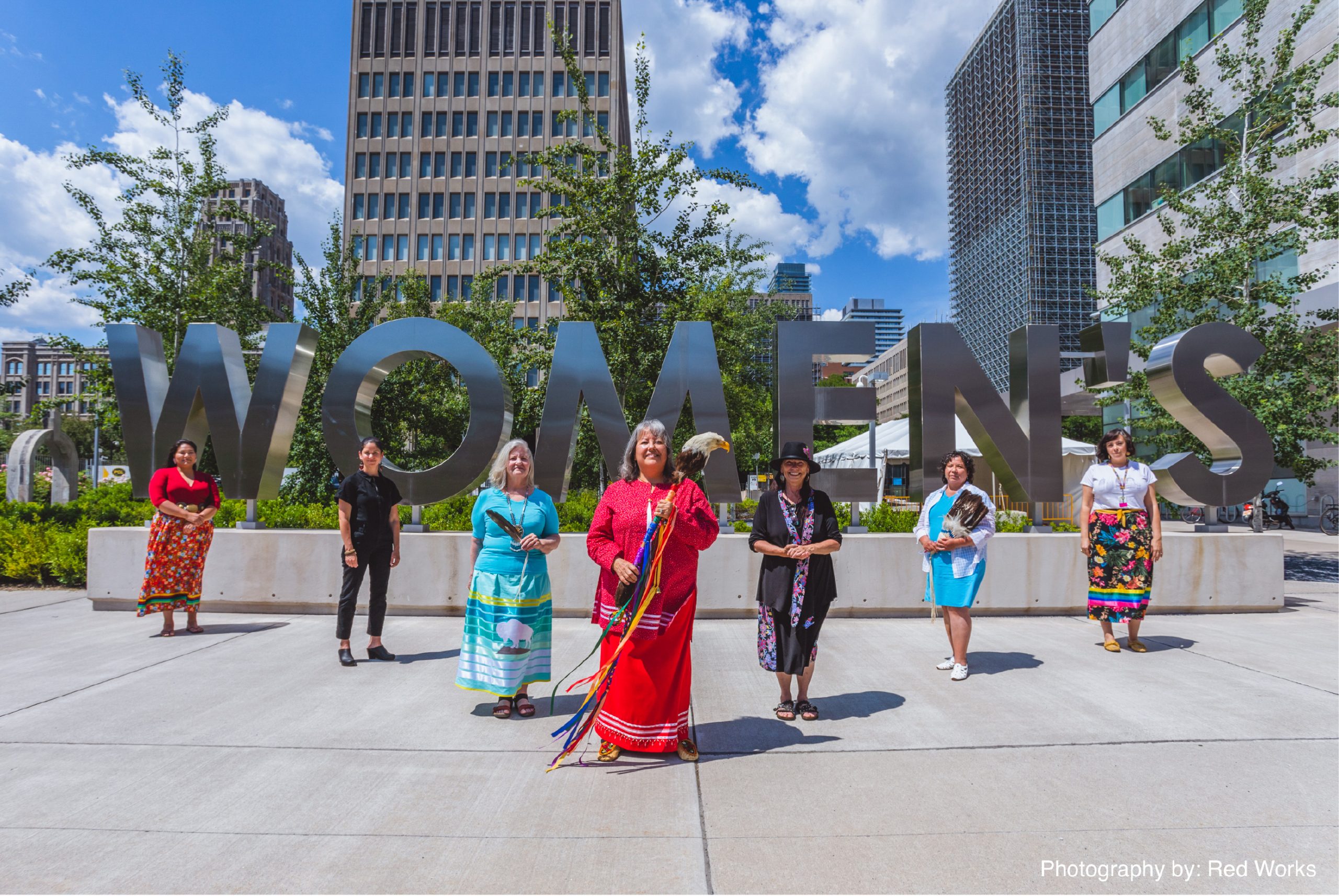 CWP-IH Urban Indigenous COVID-19 Leaders – University of Victoria, Seventh Generation Midwives, Well Living House Research Project & Red Works Photography Poster Series. L-R: Rosary Spence, Dr. Lisa Richardson, Constance Simmonds, Kahontakwas Diane Longboat, Banakonda Bell, Cynthia (Cindy) White/Kawennanoron and Selena Mills
